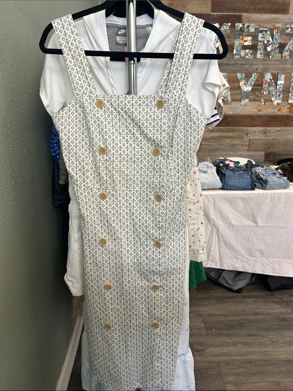 a new day Cream Patterned Button-Detail Midi Pinafore Dress Linen Cotton Blend